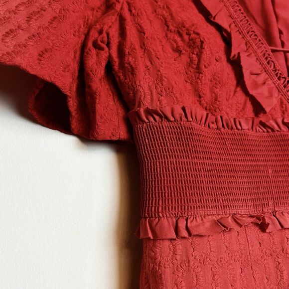 Finders Keepers Memento Dress Red Asymmetrical Ruffle Hem Embroidery Sz M - Picture 4 of 16